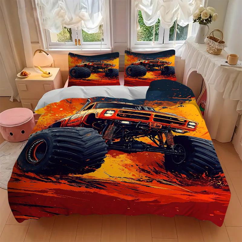 3pcs Monster Truck Home Decor Bedding Set-Universal Three-Piece Suit for Bedroom, Guest Room, Living Room, Hotel-Perfect Gift for Fans, Trav