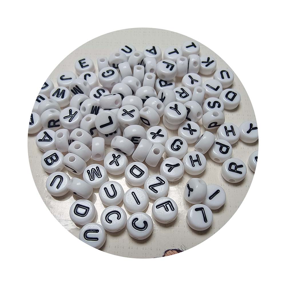 7mm White Flat Black Letters 100pcs Coin Spacer Beads Acrylic Plastic Jewelry Making DIY Bracelet Necklace