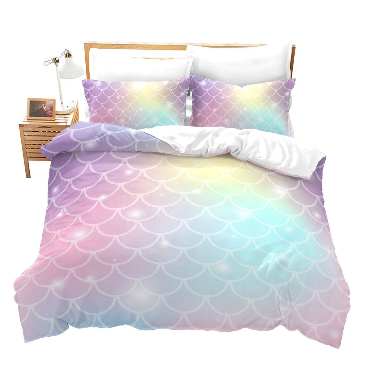 

Mermaid Soft Duvet Cover Pink Teal Purple Scale Comfortable Quilt Cover Mermaid Beding Set Warm plus Comfortable Rainbow Beding Set for Young Girls 135*200cm Eu-Single