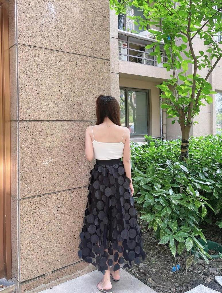 Women's European-Style Black Midi Skirt - 2025 High-End Mesh A-Line Umbrella Design