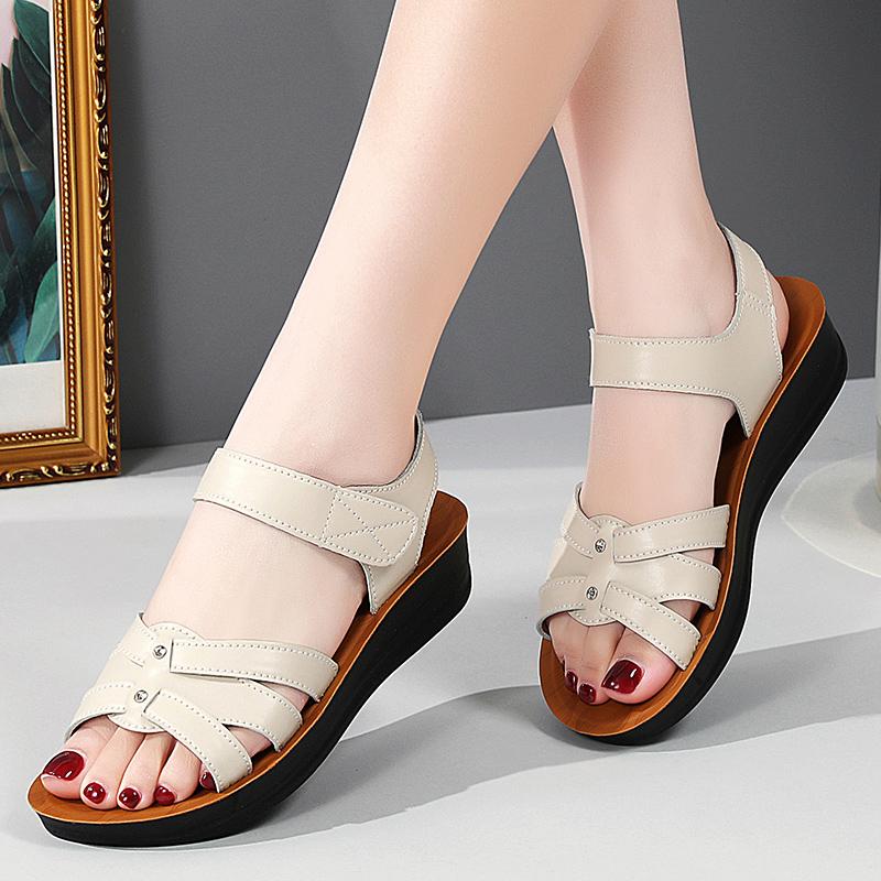 Fashion Mother Sandals Summer Soft Soled Middle-aged and Elderly Non-slip Work ShoesWedges Flat Grandma Shoes To Wear Outside