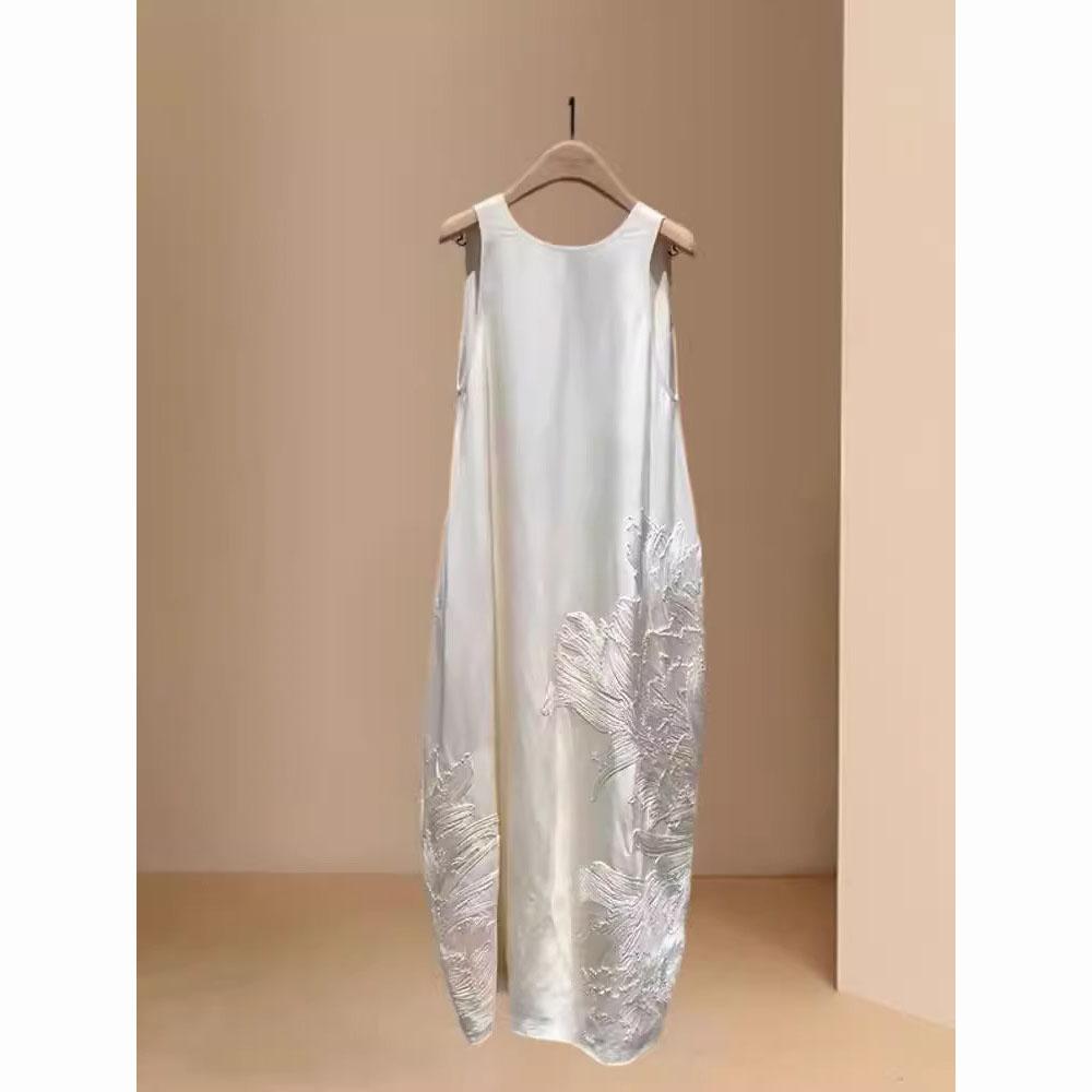 Women O-neck Backless Sleeveless Mid Dress Women Vest Dress Summer Loose Embroidery Suspender Dresses