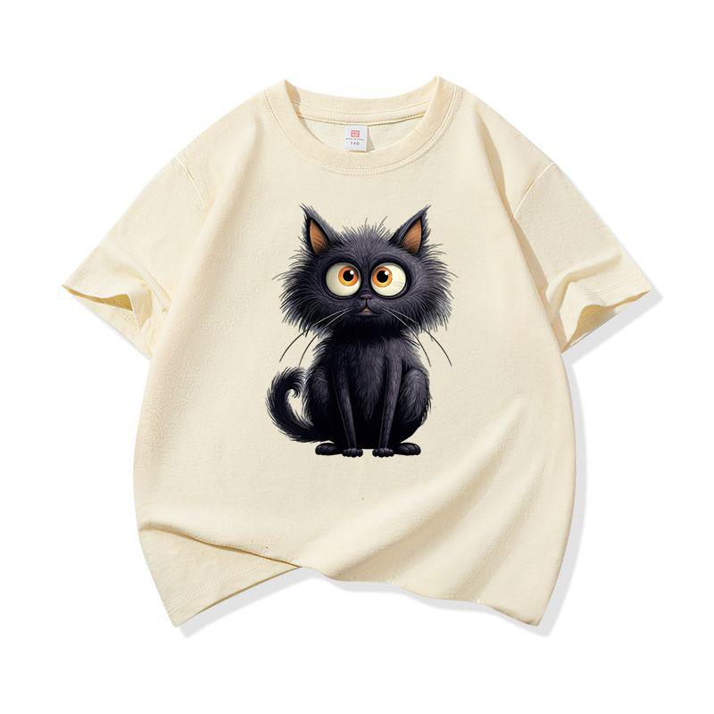 Cute Black Cat Graphic Tee Kids 100 Cotton Crew Neck Casual Breathable T Shirt Short Sleeve Muticolor Tops For Sweet Girls Boys