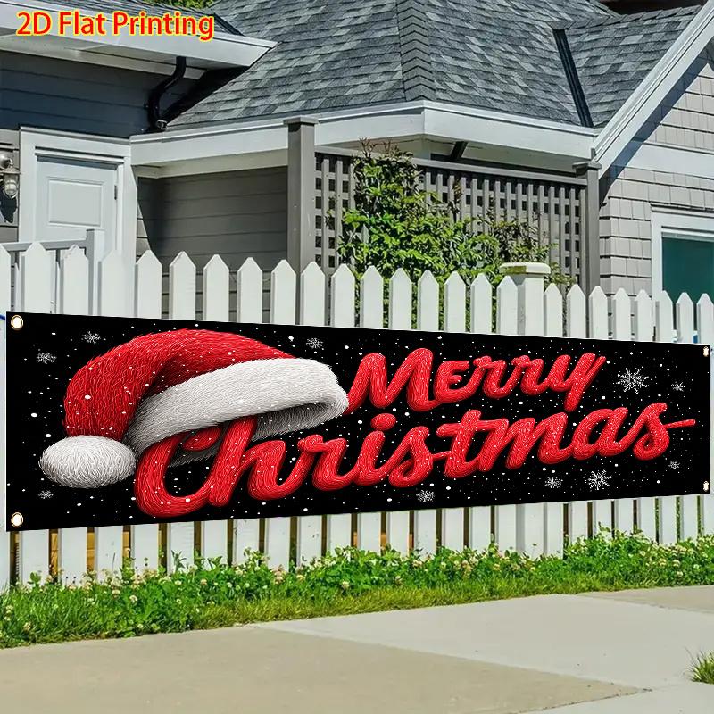 Christmas Red Snowflake Santa Hat Winter Fence Banner Outdoor