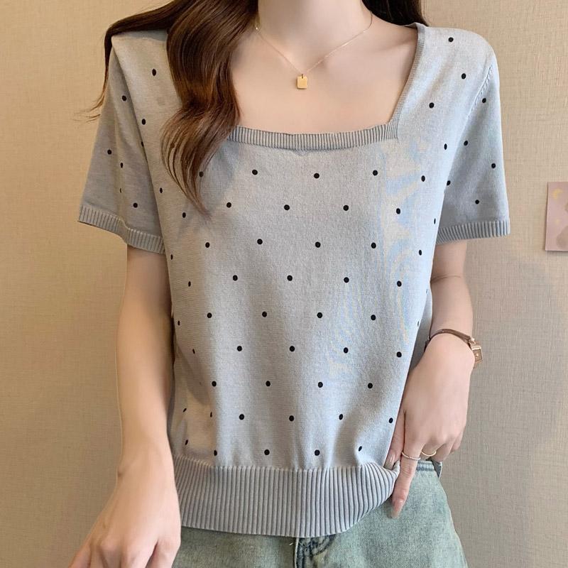 

Женские свитера, пуловеры, 2025, лето, короткий рукав, квадратный воротник, горошек, черный, белый, вязаный свитер, женские топы, пуловер JJ220 One Size серый