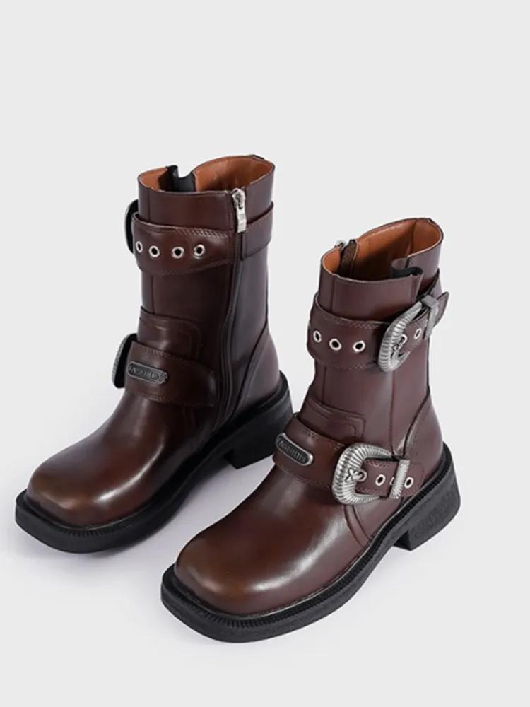 

Осень и зима Новые женские короткие сапоги на грубом каблуке с квадратным носком и пряжкой на ремне с боковой молнией, рыцарские сапоги, модные мотоциклетные сапоги 37 коричневый