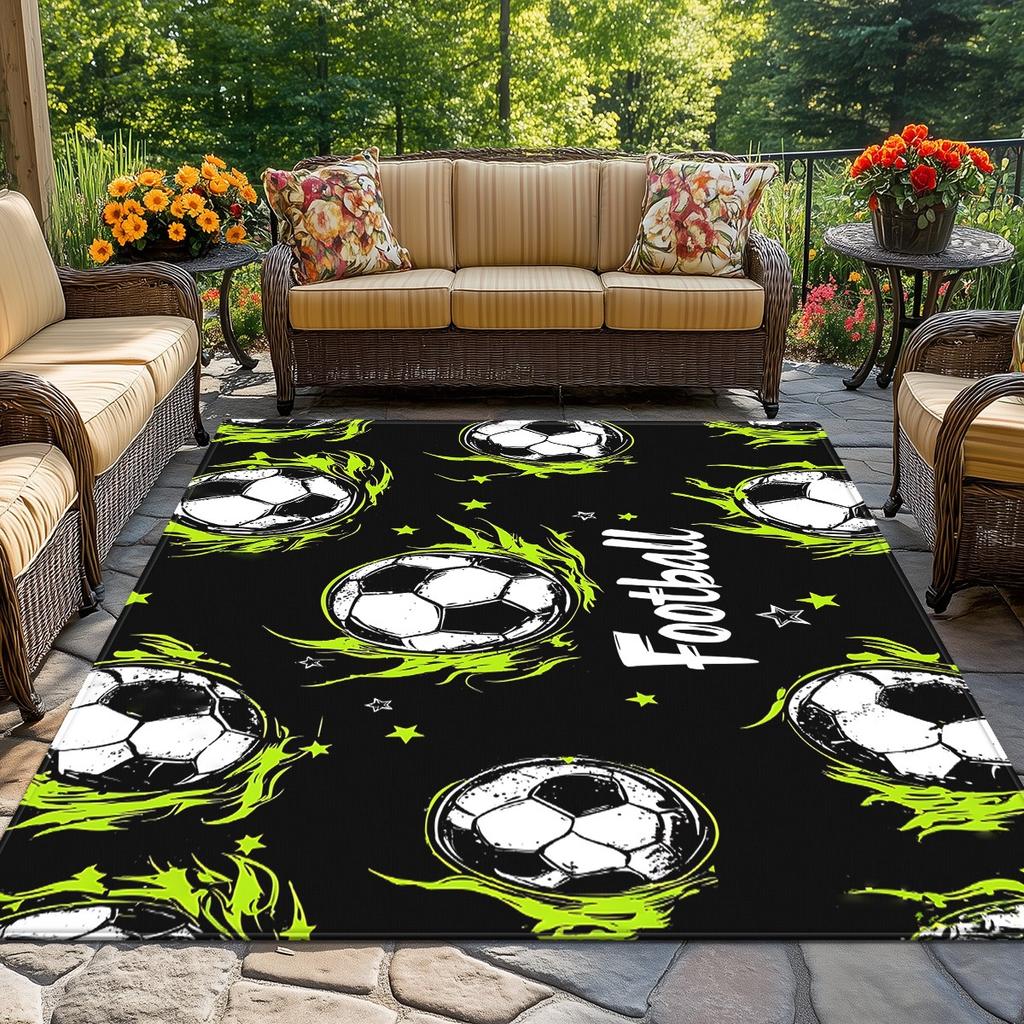 Football Soccer Ball Flame Pattern Rug Sports Themed Bedroom Carpet Kids Room Decor Athletic Lifestyle Floor Mat Anti Slip