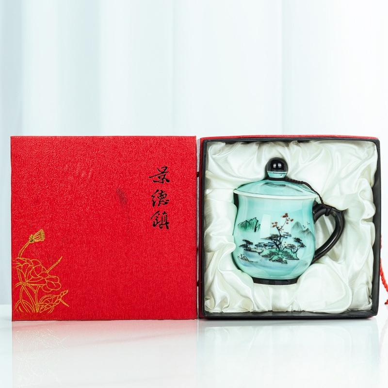 Hand Painted Celadon Tea Cup with Lid Ceramic Mug Office Home Gift Personal Drinking Cup