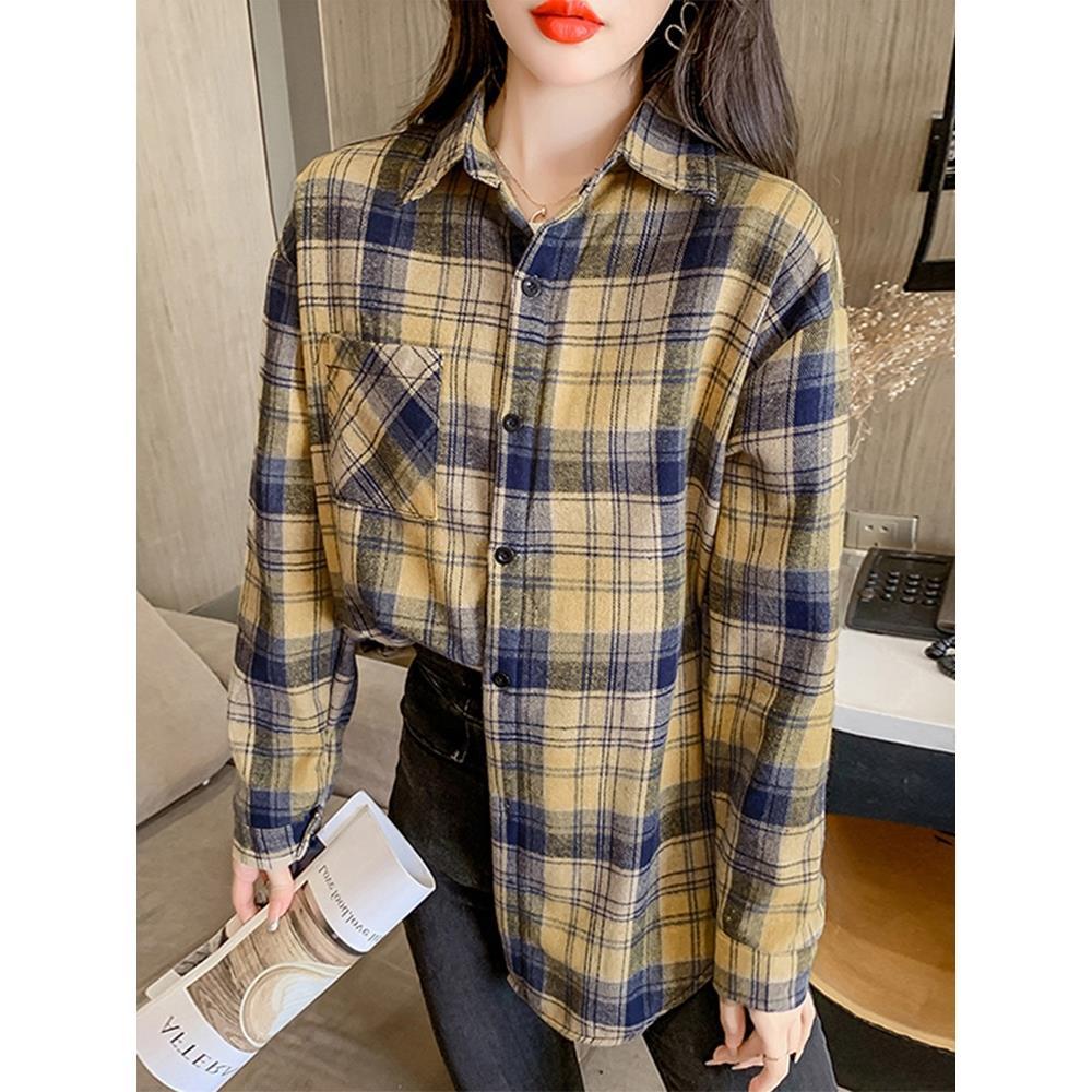 Women Thick Plush Warm Plaid Shirts Vintage Pocket Loose Blouse Autumn Winter Female Casual Korean Long Sleeve Tops
