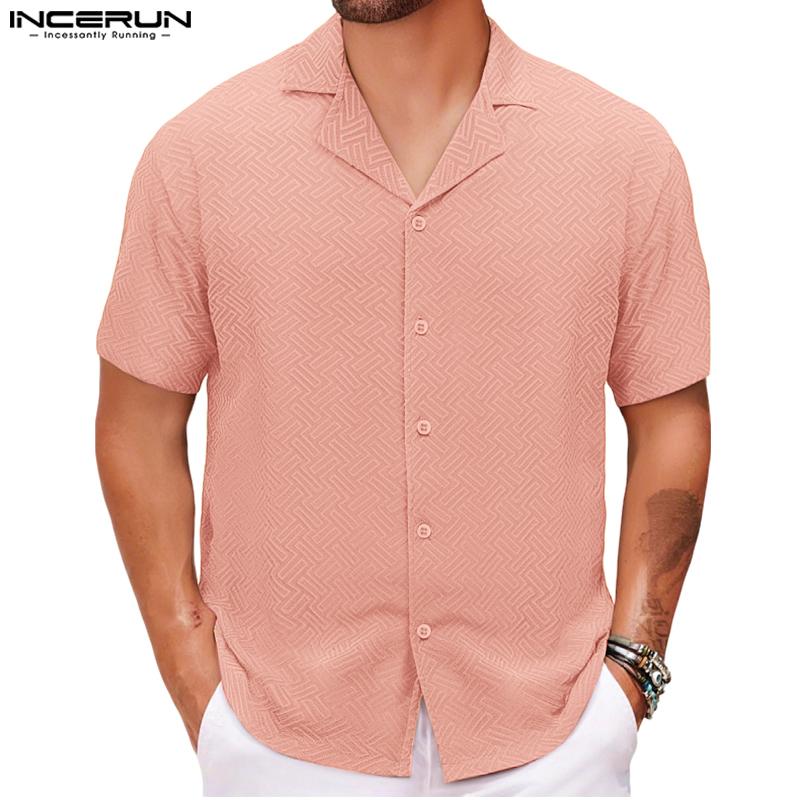 INCERUN S-5XL Men Lapel Short Sleeve Texture Buttons Casual Loose Shirts