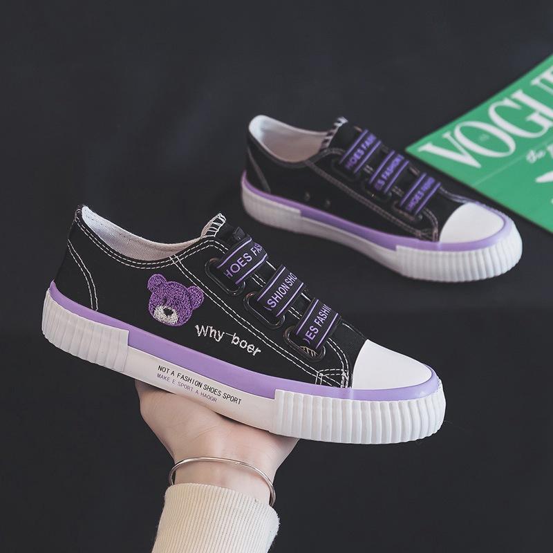 Canvas Shoes Women's New Summer Student Versatile Elastic Band Embroidered Bear Board Shoes One Pedal Lazy Shoes Women