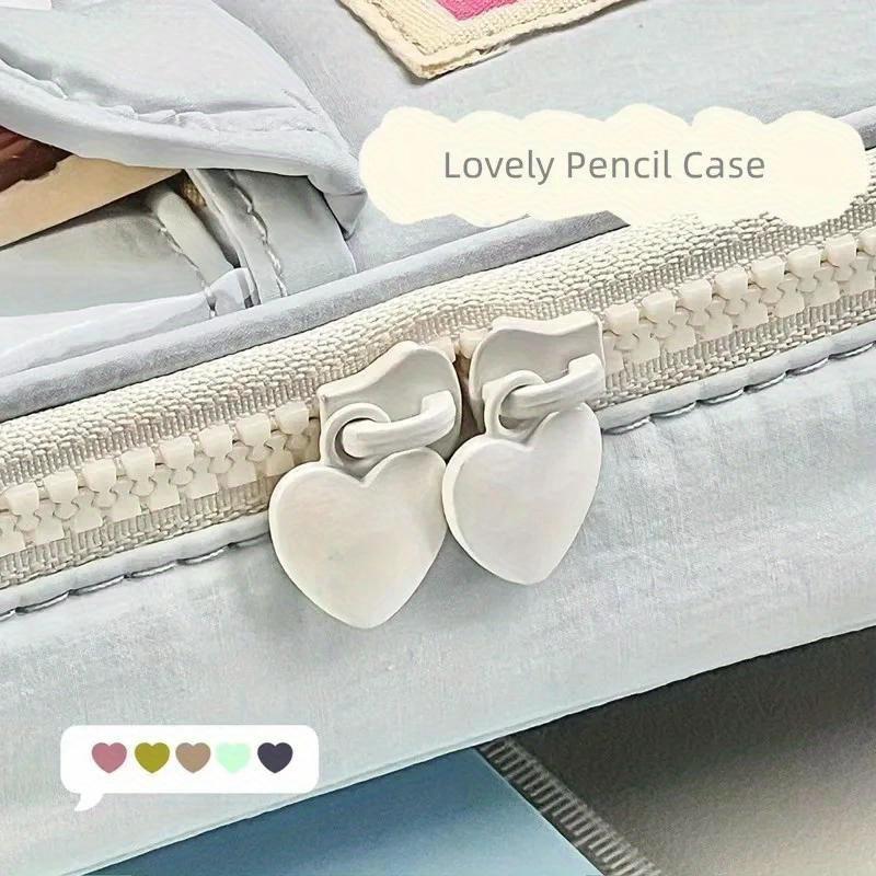 Cute Japanese Ins Small Fresh Simple Pencil Case Art Retro Large Capacity Girl Pen Bag with Clear Card Pocket Heart Shape Zipper