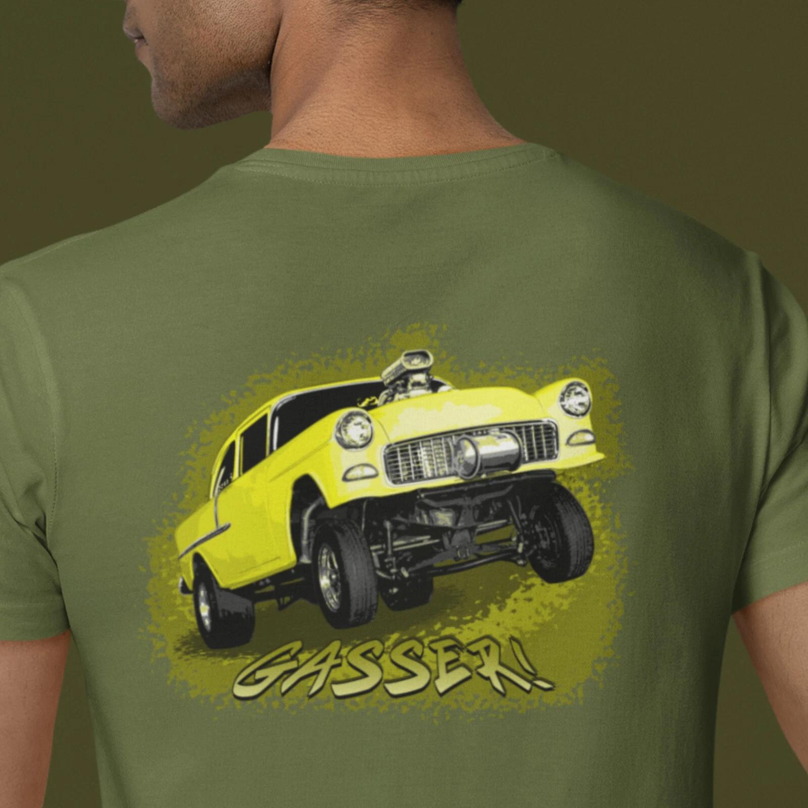 

Classic Racer Shirt featuring Yellow 55 Chevy Gasser - Unisex Tee, image on back 3XL