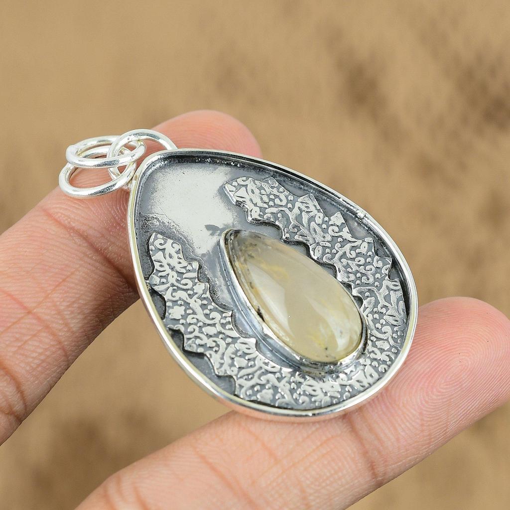 Mothers Day Sale Plume Agate Gemstone 925 Silver Engagement Wife Wedding Pendant