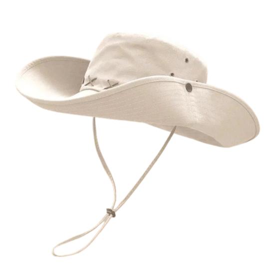 Western Cowboy Hat, Unisex Outdoor Hiking Hat with Adjustable Windproof Rope, Outdoor Sunshade Suede Fisherman Hat for Camping Travel