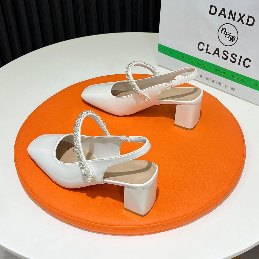 Rhinestone Word with High Heels Baotou Sandals Women's 2025 Summer New Models with Skirts, Absolutely Unique Thick Heels, Empty Shoes