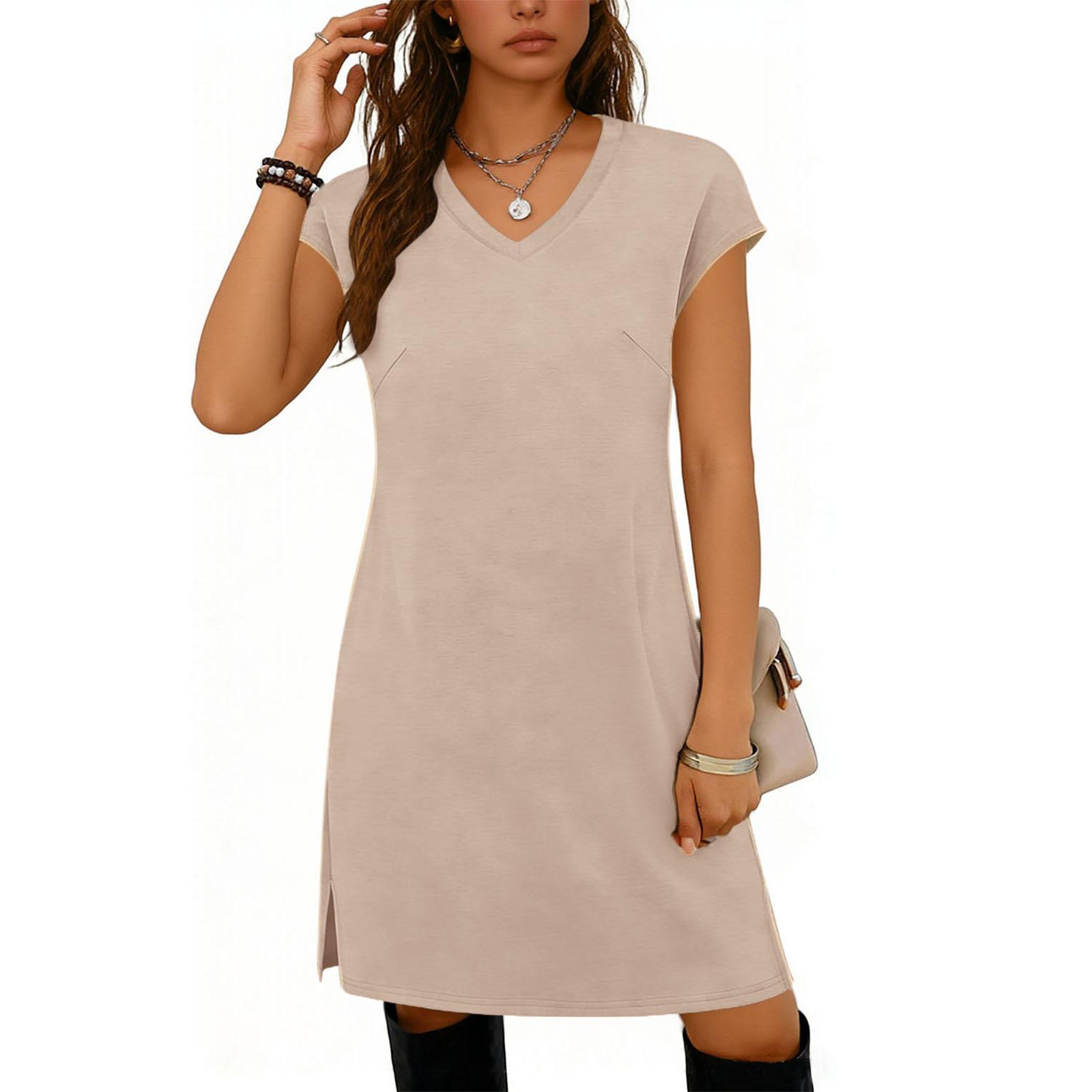 Fashionable Women s V-neck Hem Slit  Color Casual Dress L