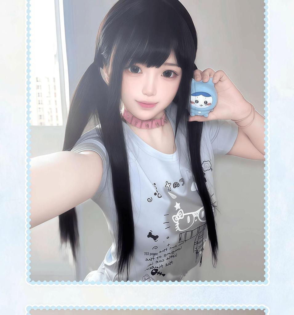 Long Black Straight Lolita JK Double Ponytail Wig for Women