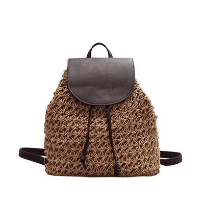 Mochila de verano para mujer, bolso de paja de mimbre informal con agujeros, bolso de playa tejido para mujer, mochilas con cordón para mujer