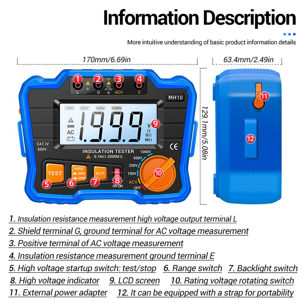 Insulation Resistance Tester 100V  250V  500V  1000V Resistance Tester with LCD Backlight Digital Display Screen