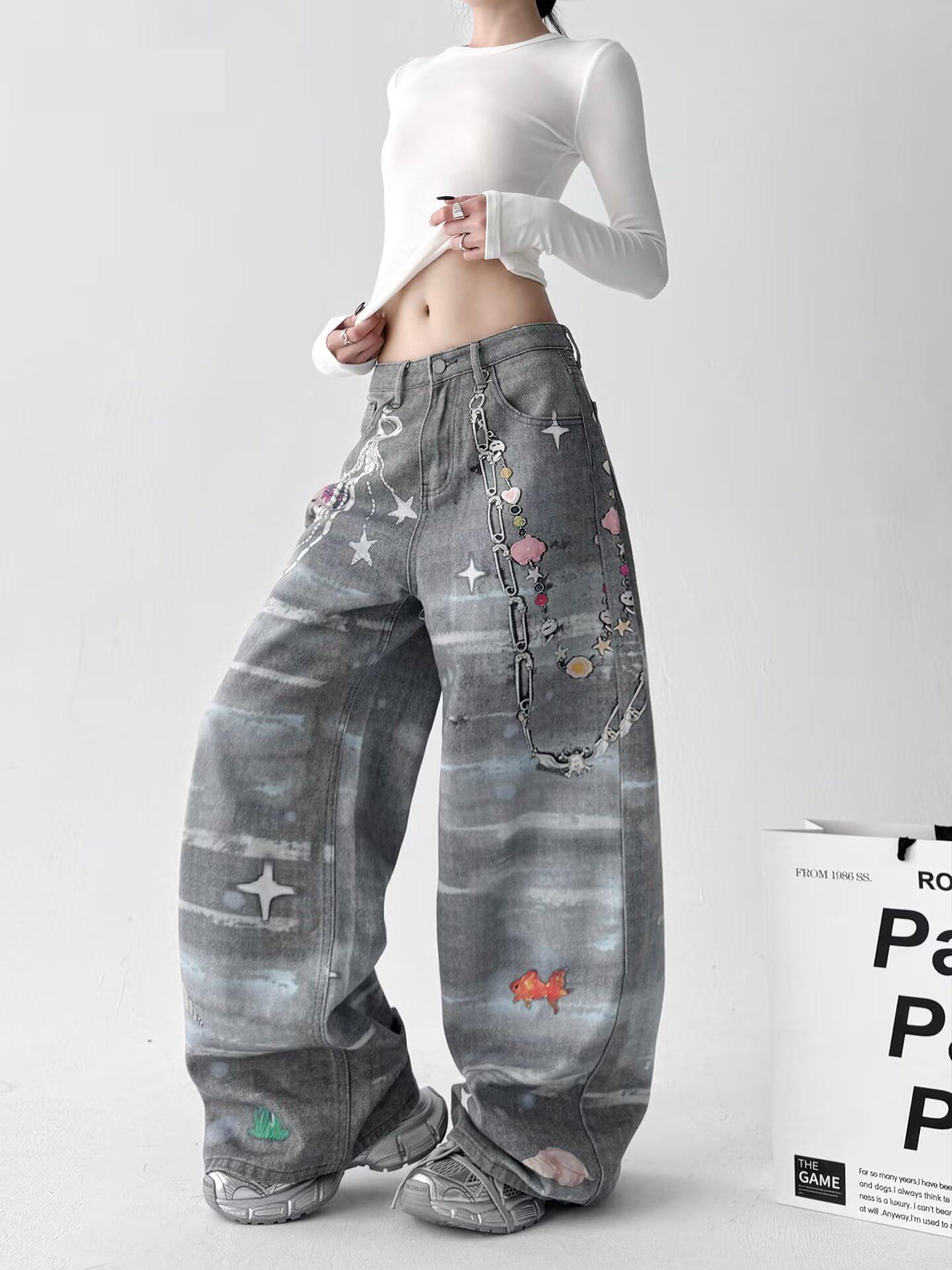 Y2K Retro Distressed 3D Print Chain Denim Jeans - Women s Loose Wide Leg Pants Small