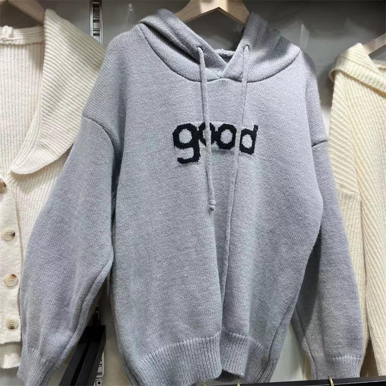 Women's Autumn/Winter 2024 Grey Knit Hoodie: Lazy Style, Loose Fit, Slimming Design