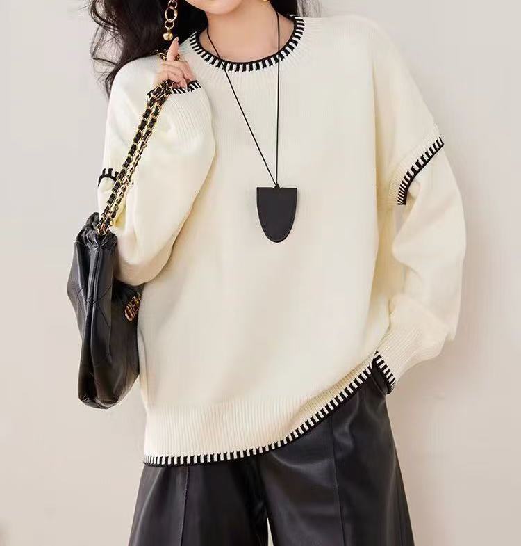 

Crew neck knitted pullover sweater women s autumn and winter new contrasting colors simple and versatile loose knitted sweater women average size білий