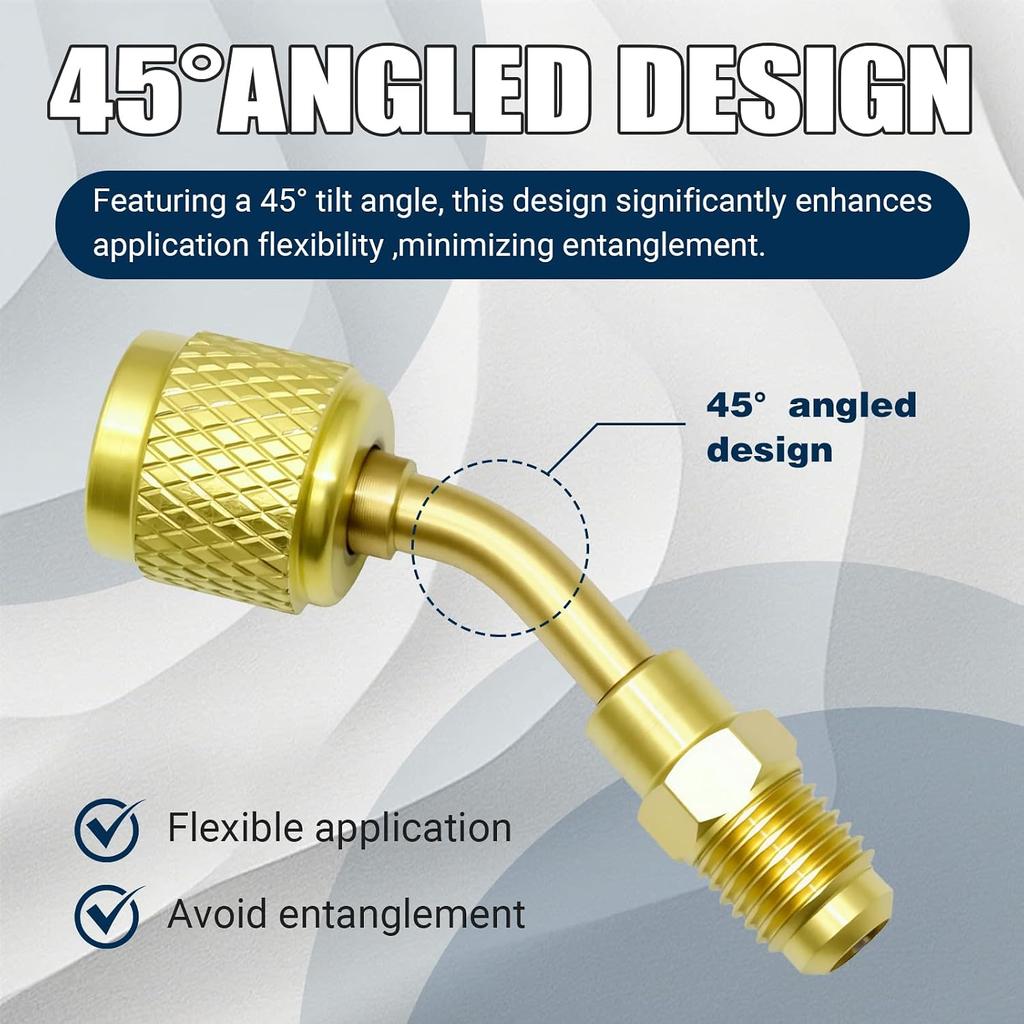 Brass 45° 3Pcs Refrigerant Charging Adapter Fit for R-32/R-454B A2L Tank | 1/4" Left Hand Female To 1/4" Right Hand Male