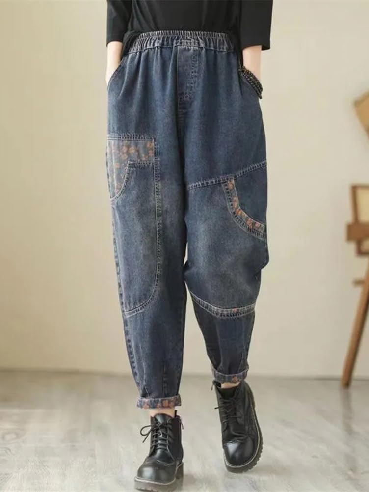 Minesam Women's Wide-Leg Denim Pants, Loose Fit, Slimming Sarouel Pants, Casual, Plus Sizes (03 Blue, XL)