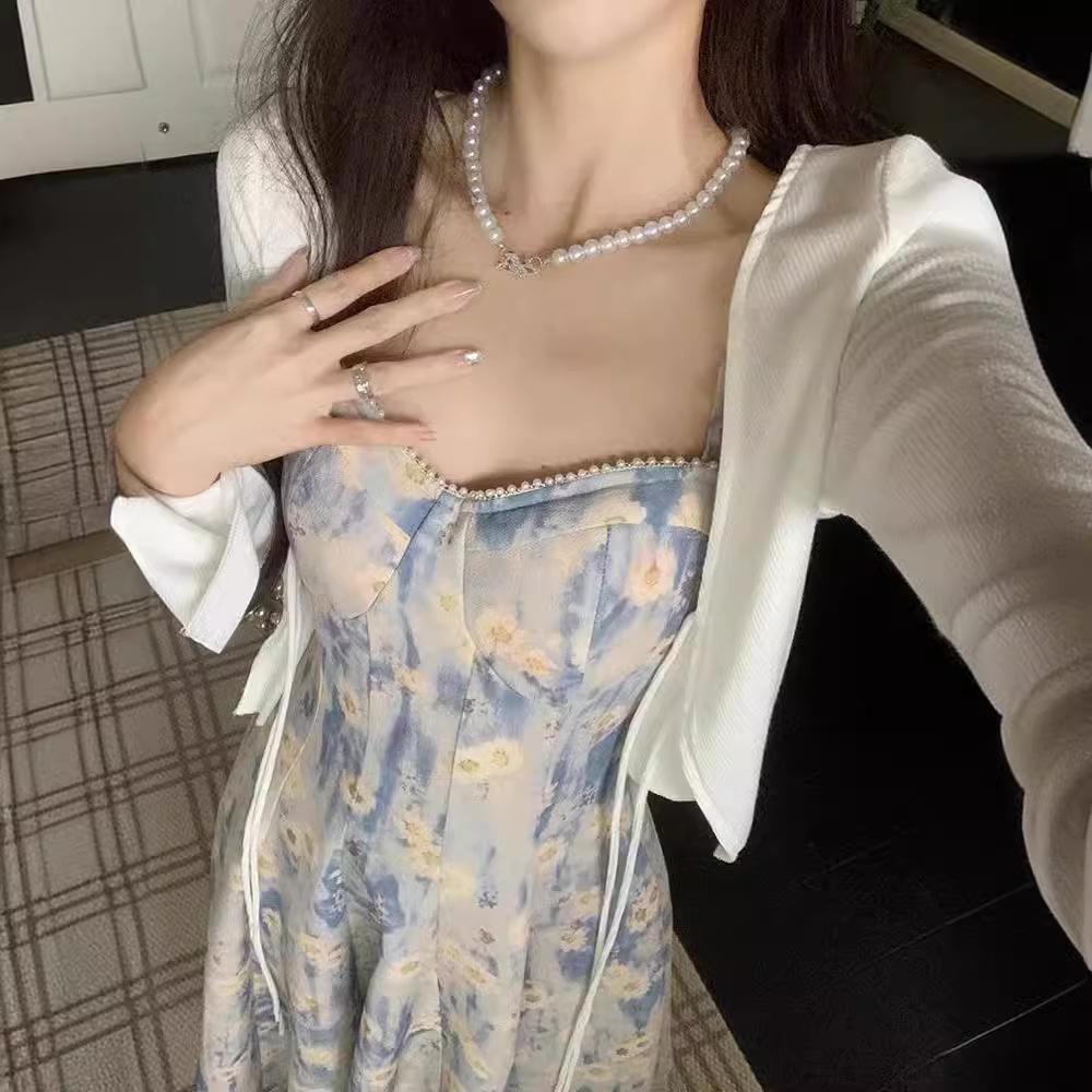 Damklänning 2025 Fransk Blå Blommig Spagettistropp Maxi - Sommar Midjesmalnande High-End Stil