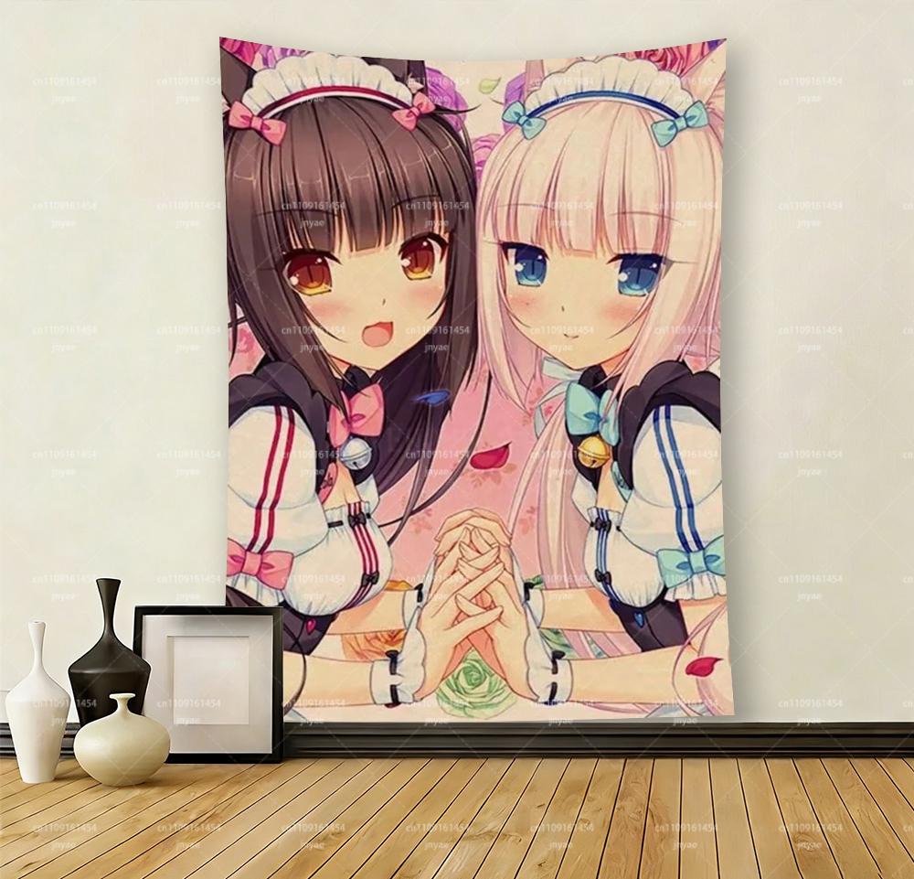 Nekopara Chocola & Vanilla Tapestry, Anime Cat Maid Girls Wall Hanging, Pink Floral Kawaii Bedroom & Dorm Decor, Soft Fabric