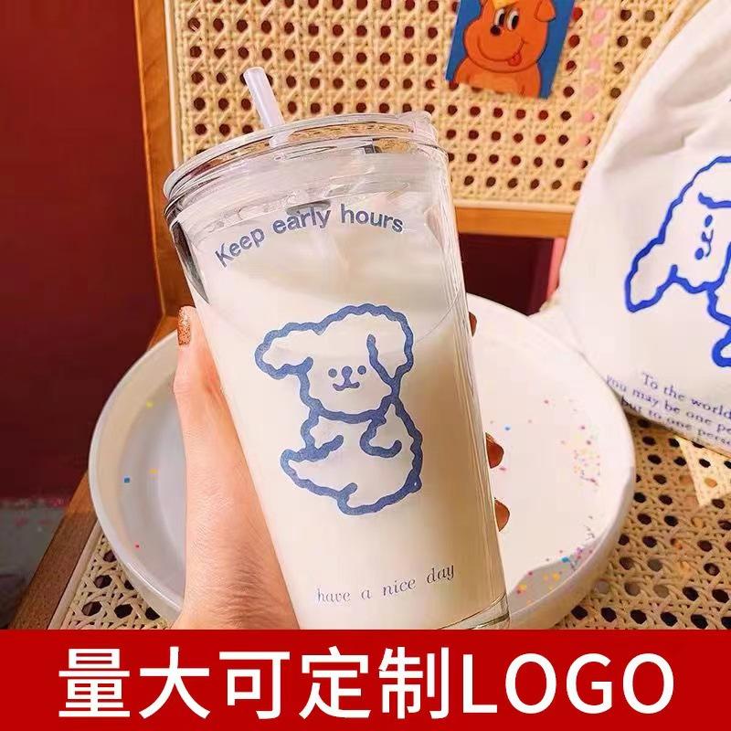 Glass Straw Cup Printing Milk Tea Cold Drink Coffee Cup Household Water Cup High Value Juice Cup Printing