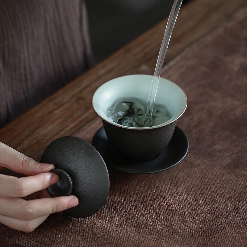 150ml Ceramic Lid Bowl Black Clay Tea Bowl Creative Handheld Lid Bowl