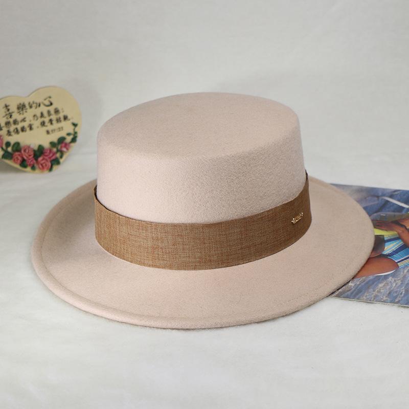 Wool top hat women's flat brim flat top big head circumference British men's versatile camel black face hat