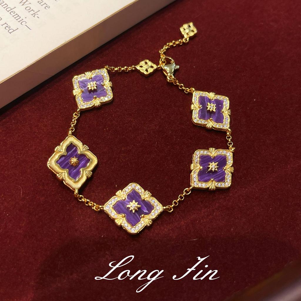 French Retro Four-Leaf Clover Window Grilles, Purple Dragon Crystal Jewelry Set, Necklace, Bracelet, Earrings, And A Ring.