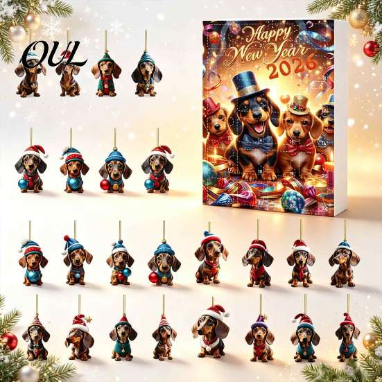 Calendari dell'Avvento 2026 Collezione Dachshund Carini, 24 Giorni Ciondolo Acrilico 2D Regalo di Natale per Amanti dei Cani Calendario del Conto alla Rovescia, Ornamenti da Collezione,