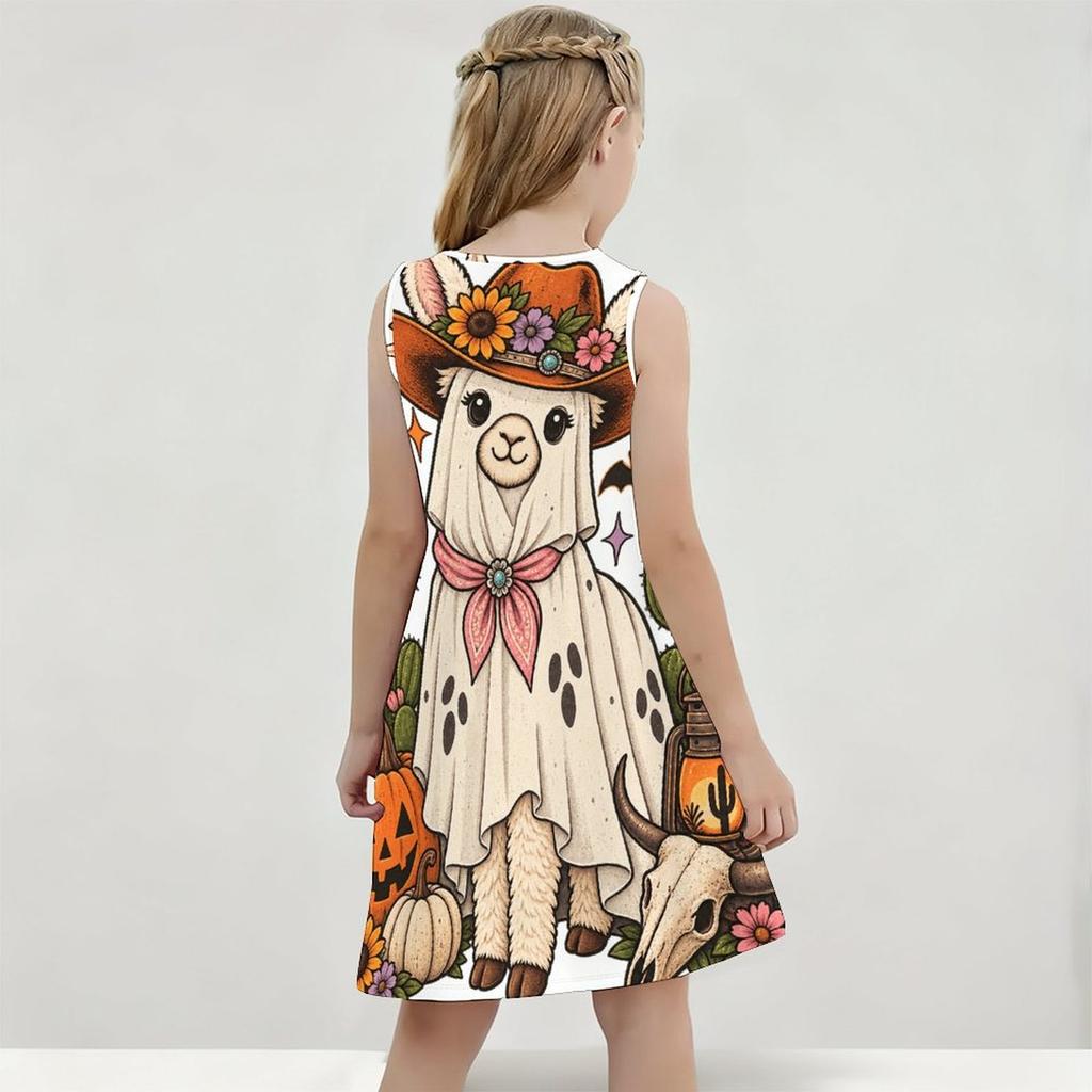 Girls Round Neck Sleeveless Printed A Line Flared Hem Dress