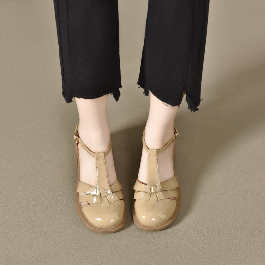 

Римские сандалии женские летние Мэри Джейн сумка голова полые сандалии толстый каблук Т-образная застежка лакированная кожа плетеные сандалии на высоком каблуке 40 абрикосовый