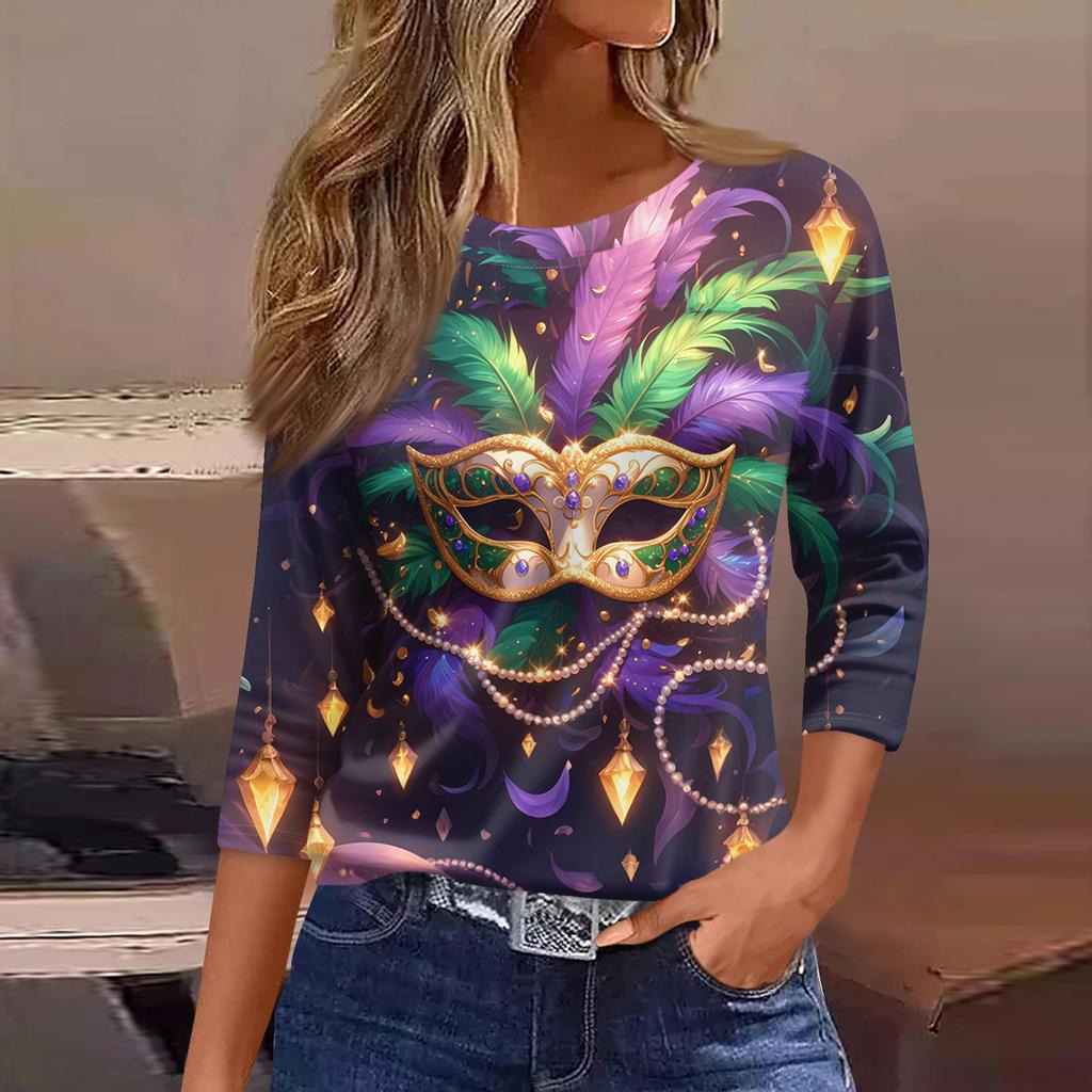 3/4 Length Sleeve Womens Tops Floral Print Vintage Fashion Casual Loose With Round Neck Plus Size Shirts