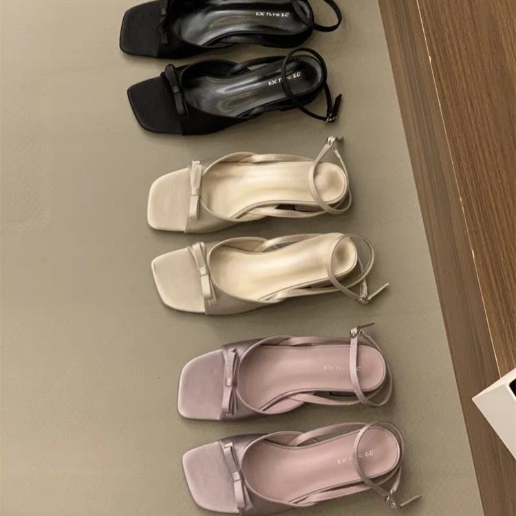 With skirt fairy style bow word with open toe sandals women summer 2025 new French stunning high heels