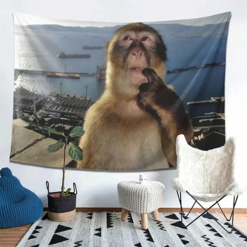 Thinking Monkey Meme Tapestry Wall Hanging for Bedroom, Living Room, Dorm, Funny Aesthetic Home Decor