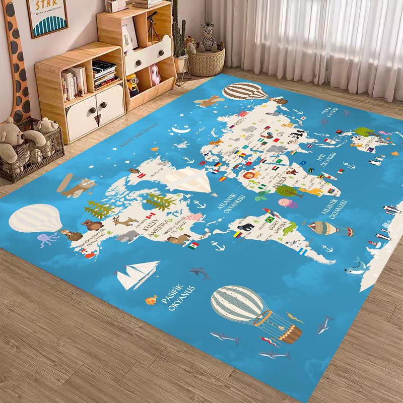 Cartoon Weltkarte Teppich Kinderzimmer Spielmatte Pädagogischer Geografie-Teppich Kinderspielbereich Heimdekoration Blaues Ozean-Thema
