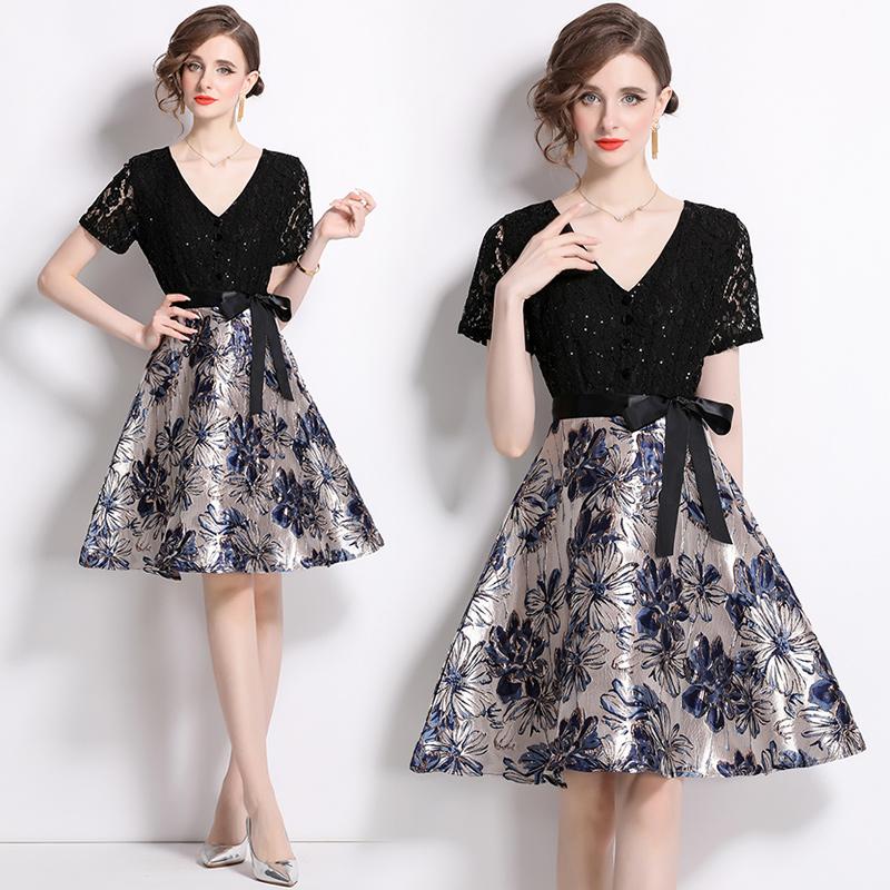 Summer Women V-neck Short Sleeve Vintage Jacquard Flower Lace Patchwork Party Lace-up Dresses