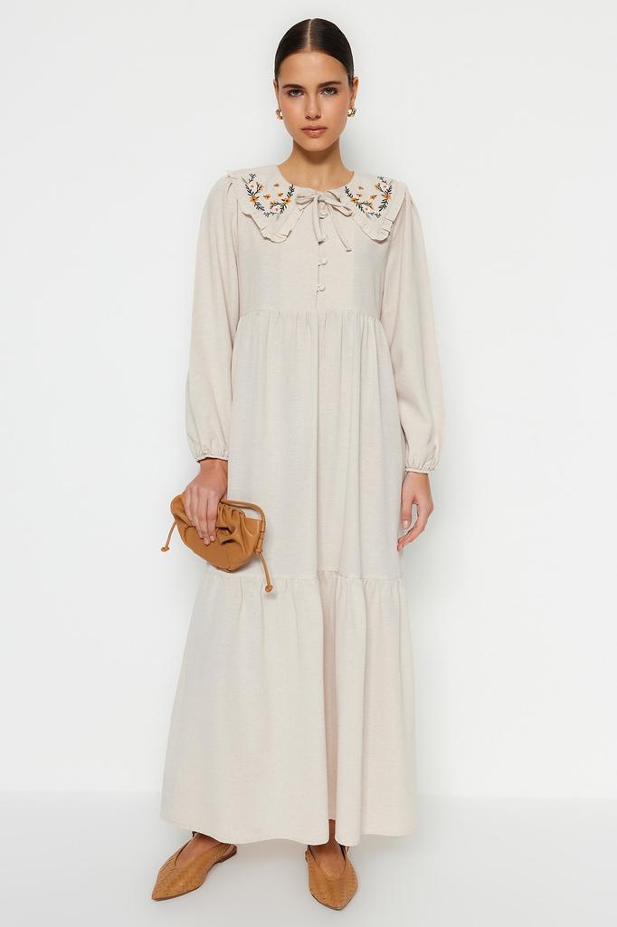 Women's Fashion New Hijab Dress Cinnamon Collar Embroidered Half Patch Linen Look Woven Dress