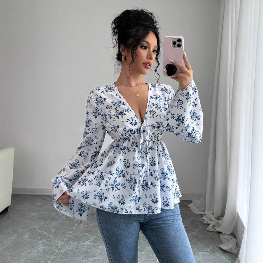 Women Black & White Floral Print V Neck Tie Front Bell Sleeve Peplum Blouse