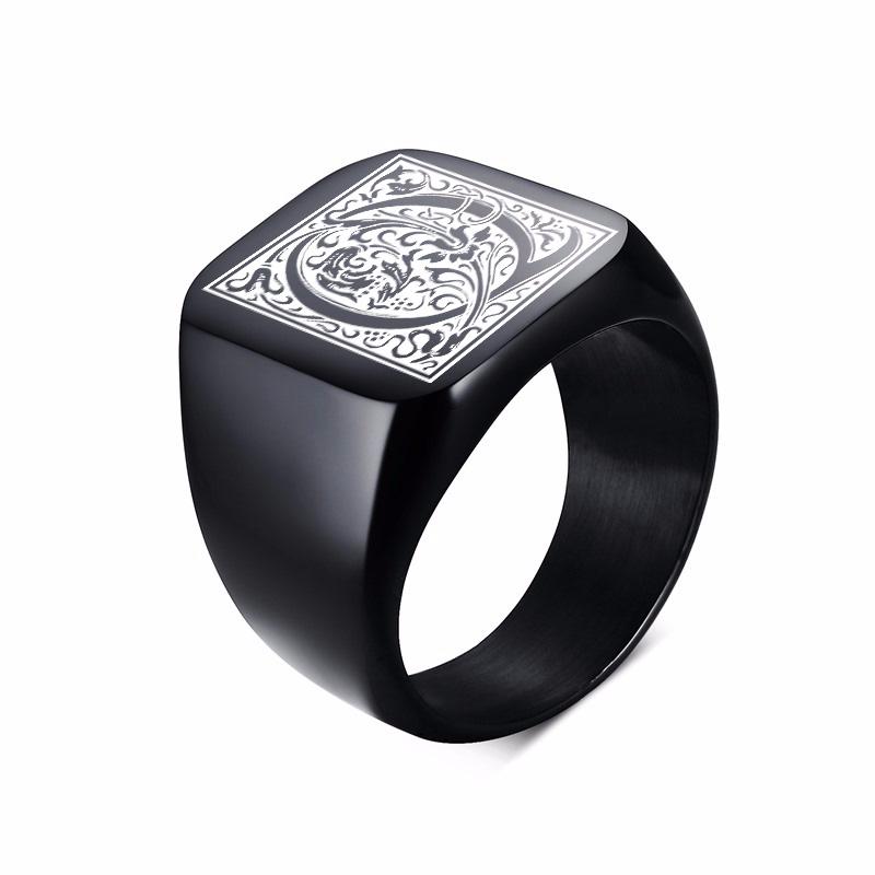 Mens Stamp Ring,Black Stainless Steel Letter Ring Chunky Ring,Rock Punk Jewelry Gift for Him