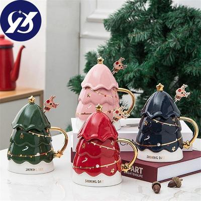 European Ceramic Christmas Tree Design Coffee Mug with Lid and Spoon Porcelain Couple Milk Mug Cute Office Tea Cup Drinkware