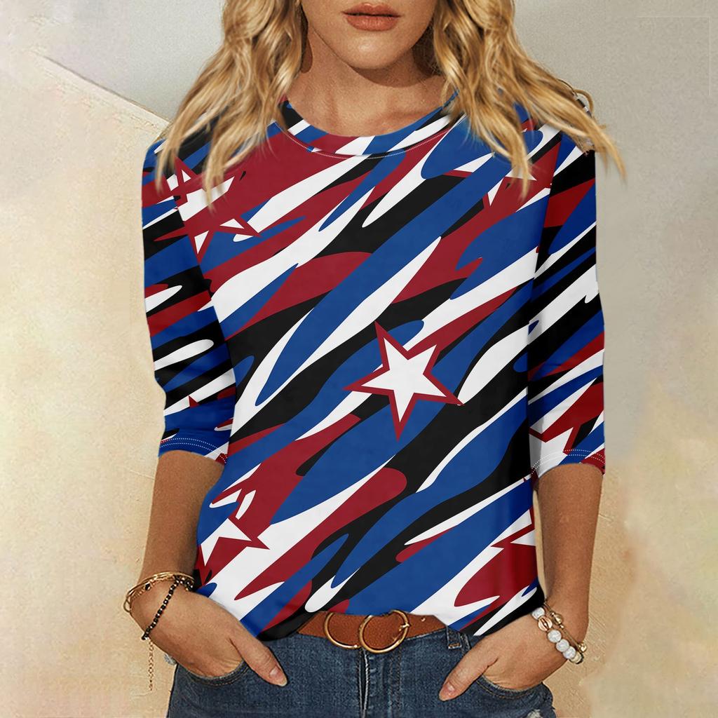 Damenmode, lässig, Rundhalsausschnitt, 3/4-Ärmel, lockeres bedrucktes T-Shirt, Damen-Top