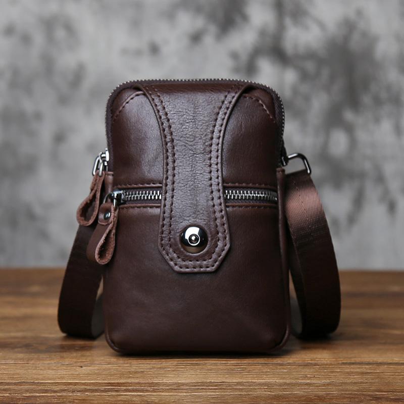 

NZPJ Leather Men s Waist Bag Top Layer Cowhide Casual Mobile Phone Bag Wear Belt Vertical Shoulder Messenger Mobile Phone Bag колір темно кави