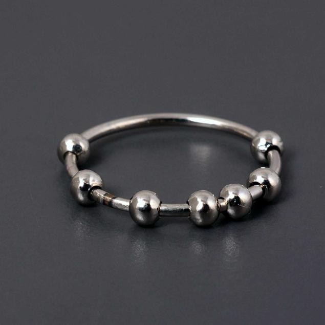 Sterling Silver Brass Adjustable Anxiety Ring, 7 Bead Fidget Spinner Ring, Resizable Decompression Ring, Stylish Shiny Silver Band